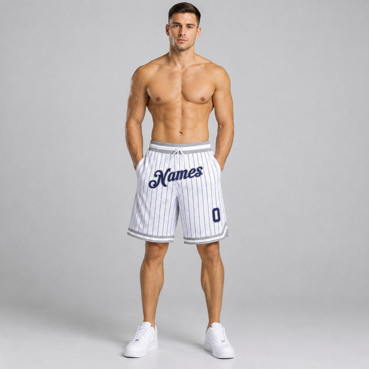 Custom White and Navy Pinstripe Authentic Basketball Shorts with Navy and Gray Lettering worn by male model