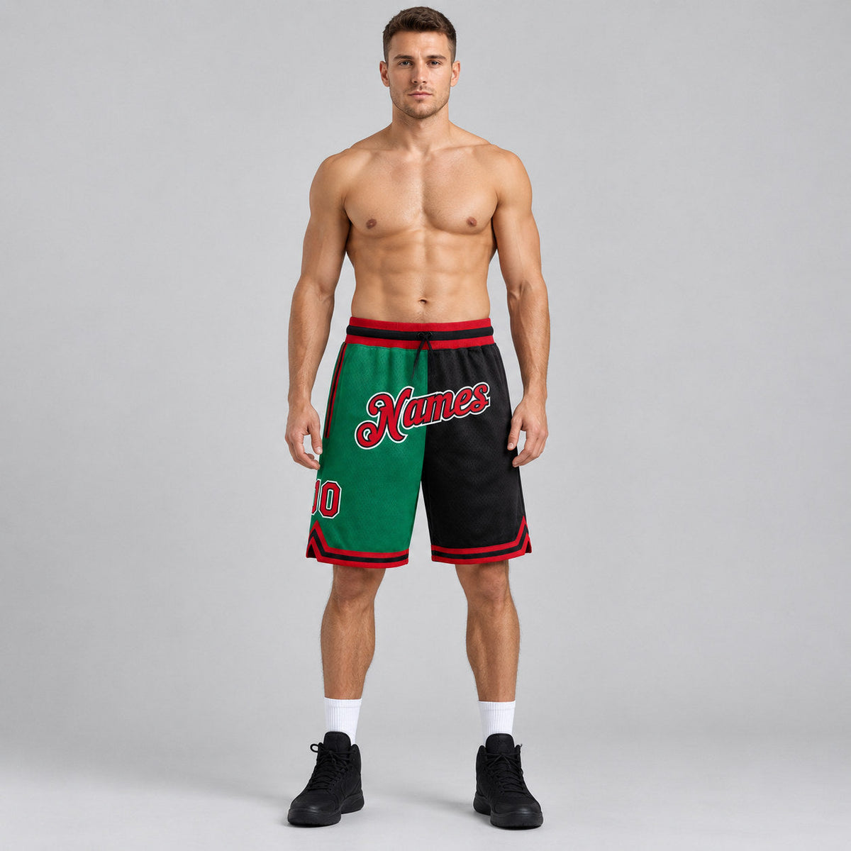 Custom Kelly Green Authentic Throwback Basketball Shorts with Red and Black Lettering worn by male model