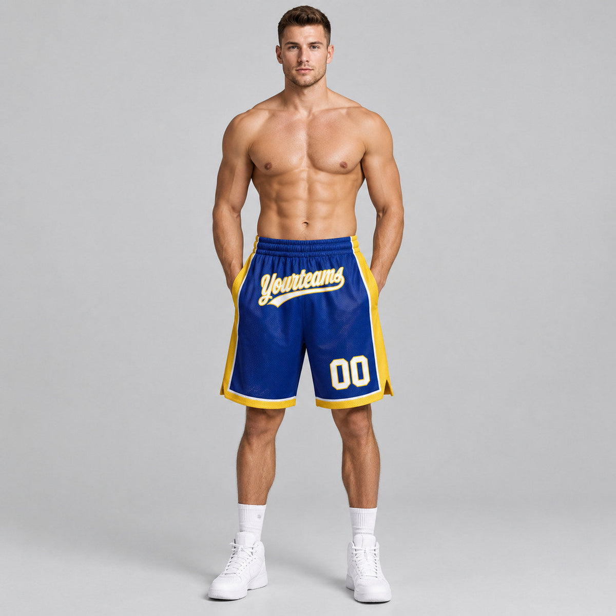 Custom Royal Authentic Basketball Shorts with White and Yellow Lettering worn by male model