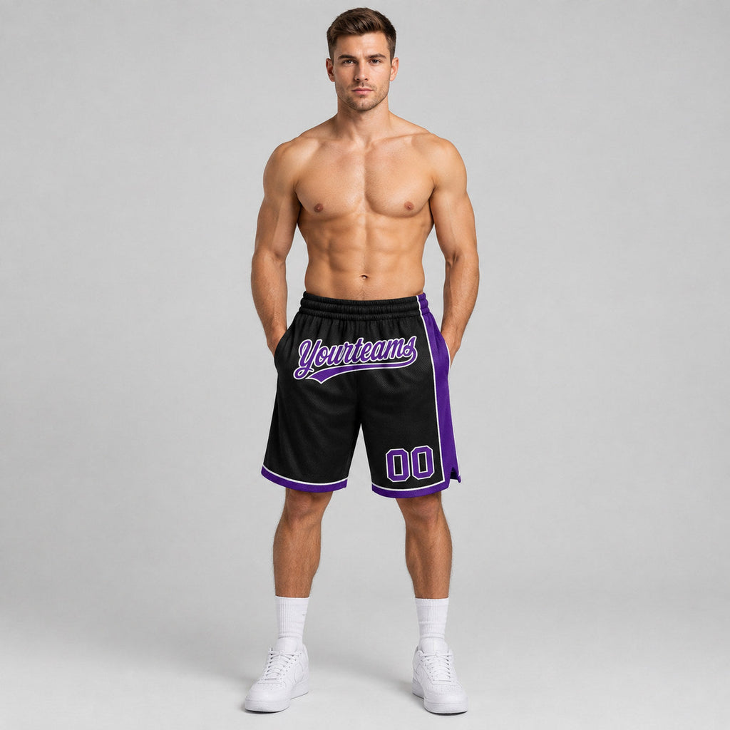 Custom Black Authentic Basketball Shorts with Purple and White Lettering worn by male model