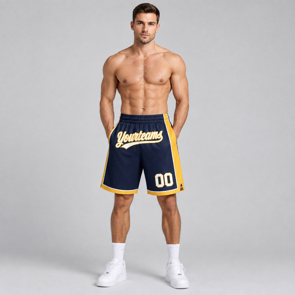 Custom Navy Authentic Basketball Shorts with White and Gold Lettering worn by male model