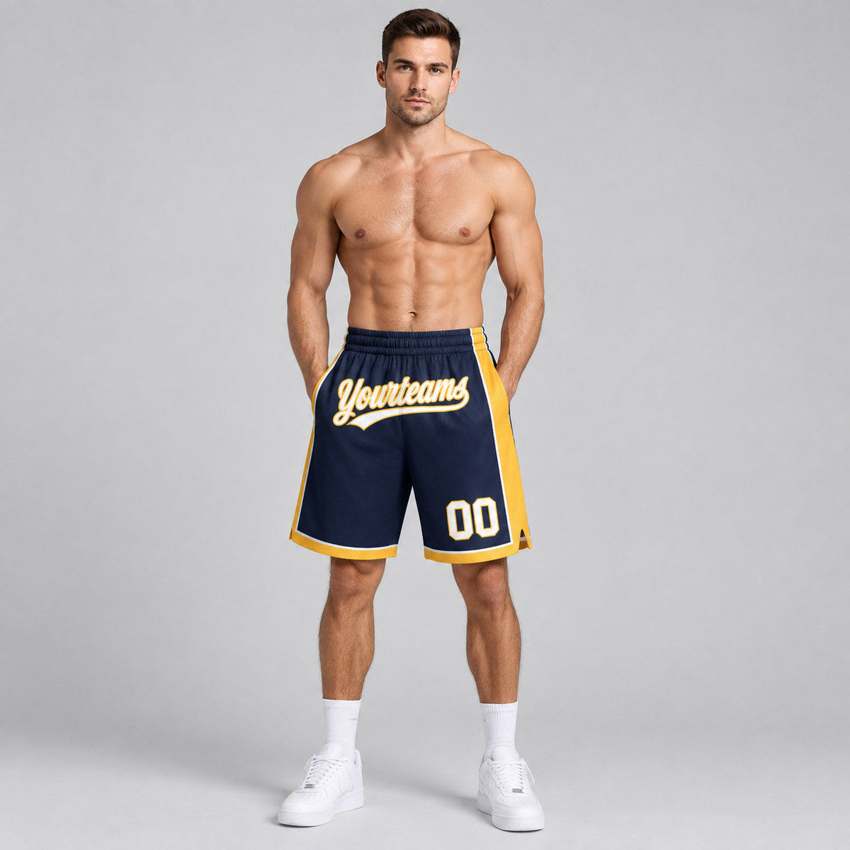 Custom Navy Authentic Basketball Shorts with White and Gold Lettering worn by male model