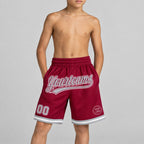 Custom Maroon Authentic Throwback Basketball Shorts with Gray and White Lettering Design 0094 youth size worn by child model