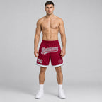 Custom Maroon Authentic Throwback Basketball Shorts with Gray and White Lettering Design 0094 worn by male model