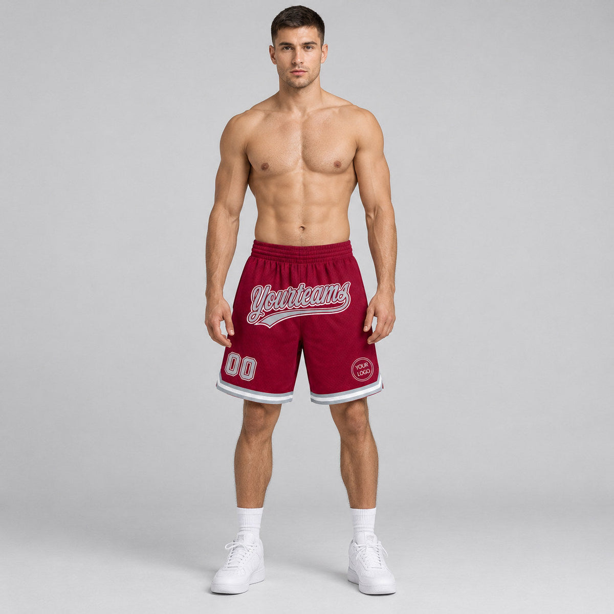Custom Maroon Authentic Throwback Basketball Shorts with Gray and White Lettering Design 0094 worn by male model