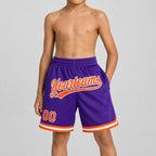 Custom Purple Authentic Throwback Basketball Shorts with Orange and White Lettering youth size worn by child model