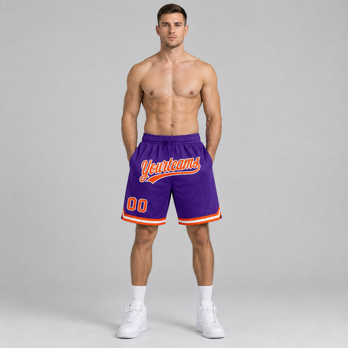 Custom Purple Authentic Throwback Basketball Shorts with Orange and White Lettering worn by male model
