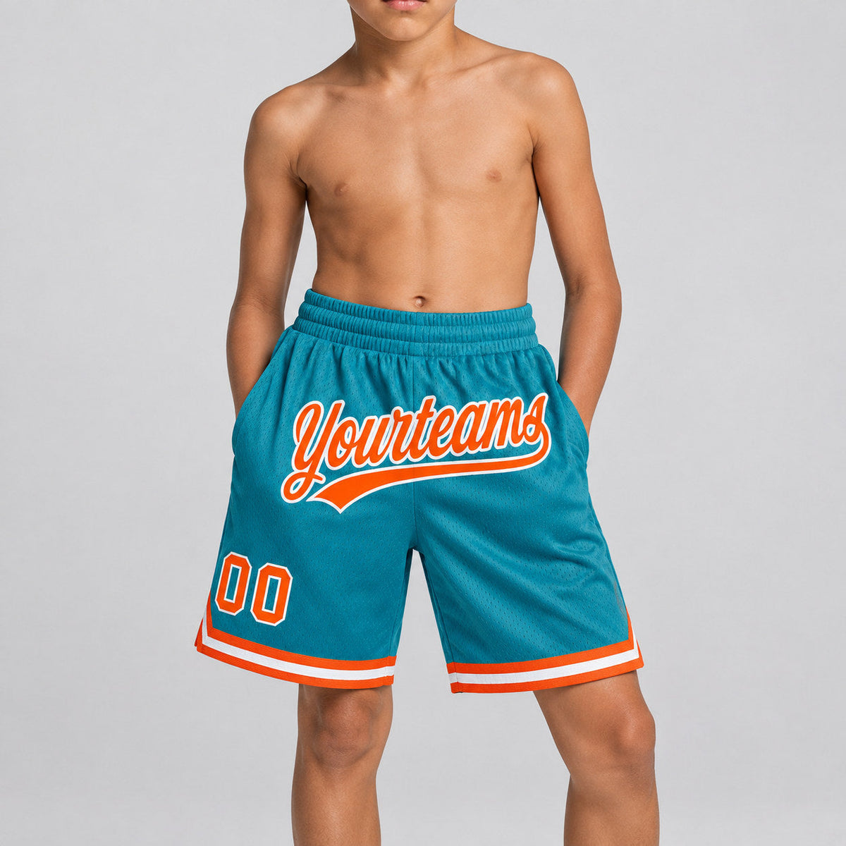 Custom Teal Authentic Throwback Basketball Shorts with Orange and White Lettering Design 0165 youth size worn by child model