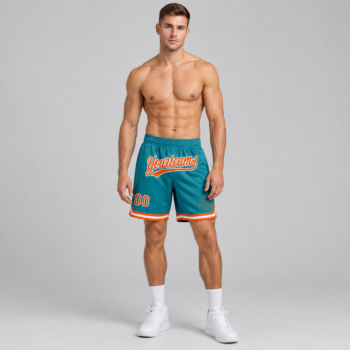 Custom Teal Authentic Throwback Basketball Shorts with Orange and White Lettering Design 0165 worn by male model