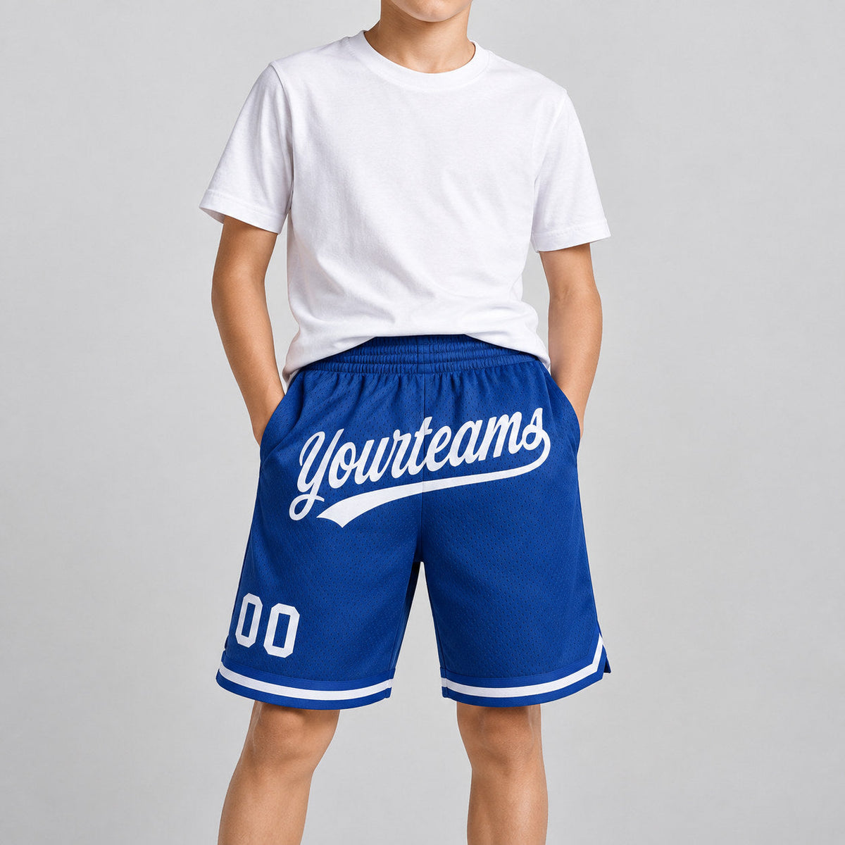 Custom Royal Authentic Throwback Basketball Shorts with White Lettering Design 0498 youth size worn by child model