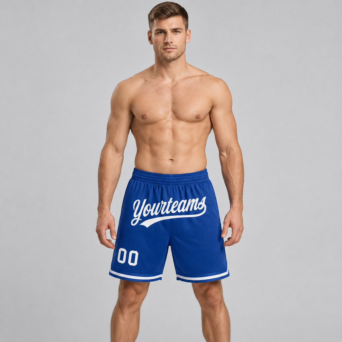 Custom Royal Authentic Throwback Basketball Shorts with White Lettering Design 0498 worn by male model