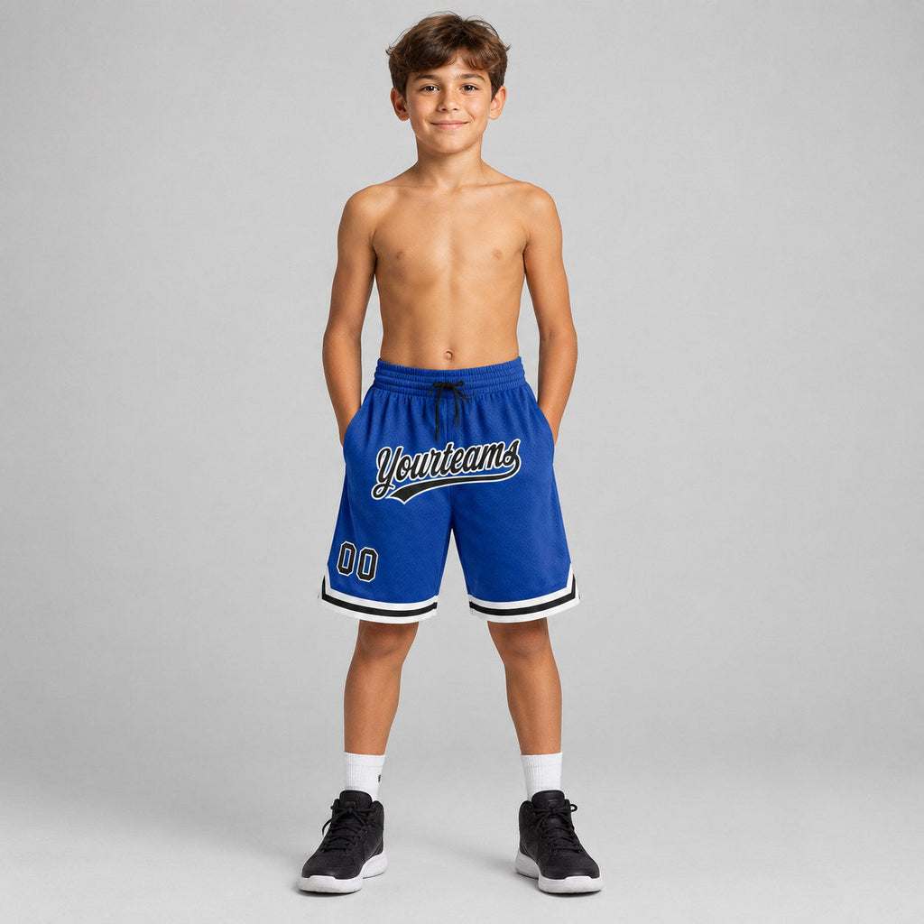 Custom Royal Authentic Throwback Basketball Shorts with Black and White Lettering youth size worn by child model