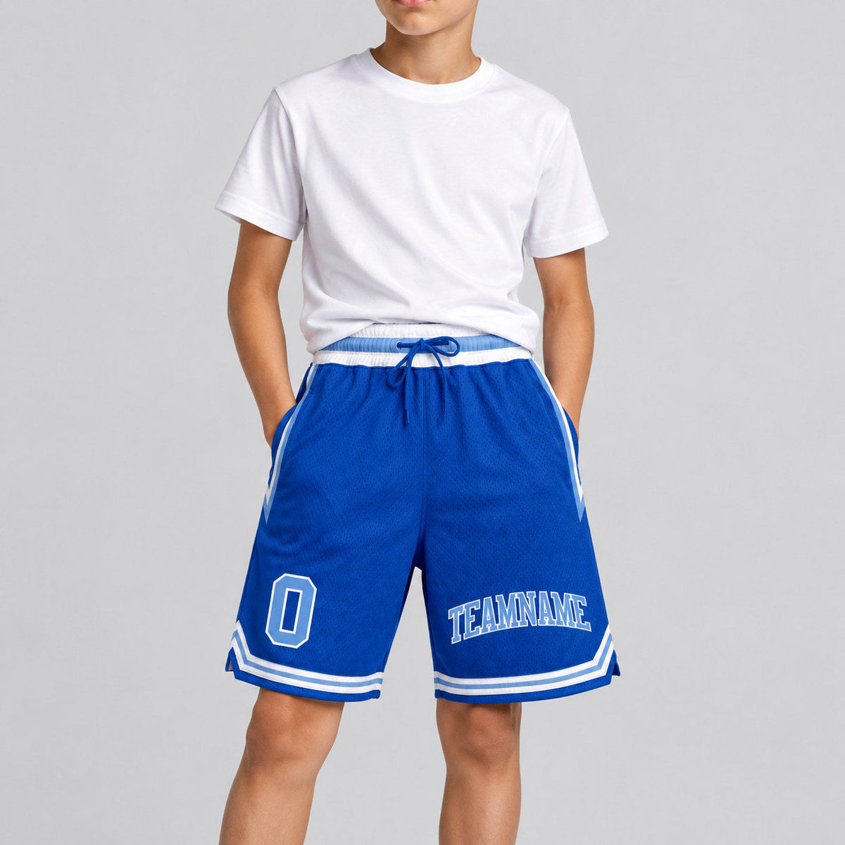 Custom Blue Authentic Throwback Basketball Shorts with Light Blue and White Lettering youth size worn by child model