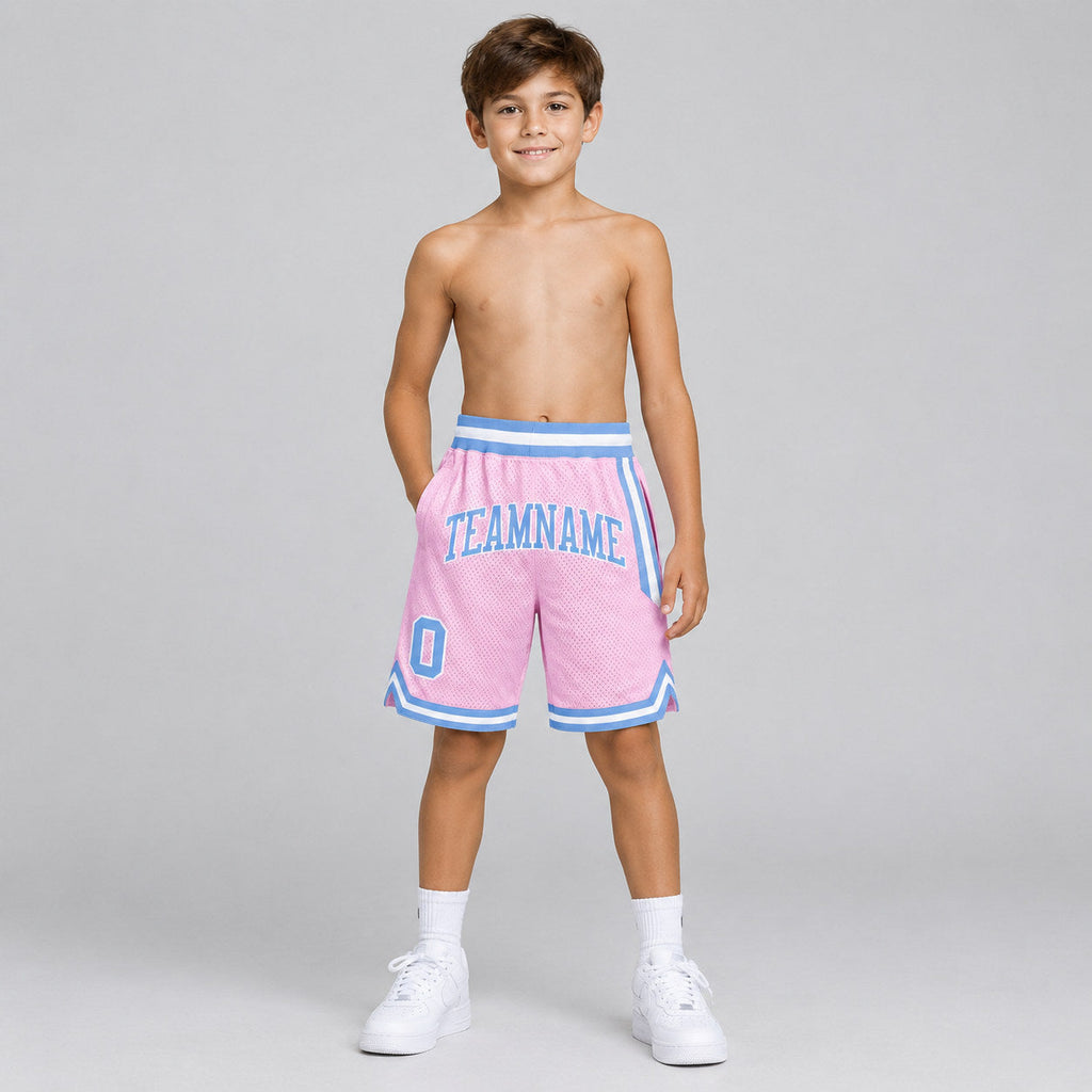 Custom Light Pink Authentic Throwback Basketball Shorts with Light Blue and White Lettering Design 0005 youth size worn by child model