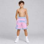 Custom Light Pink Authentic Throwback Basketball Shorts with Light Blue and White Lettering Design 0005 youth size worn by child model