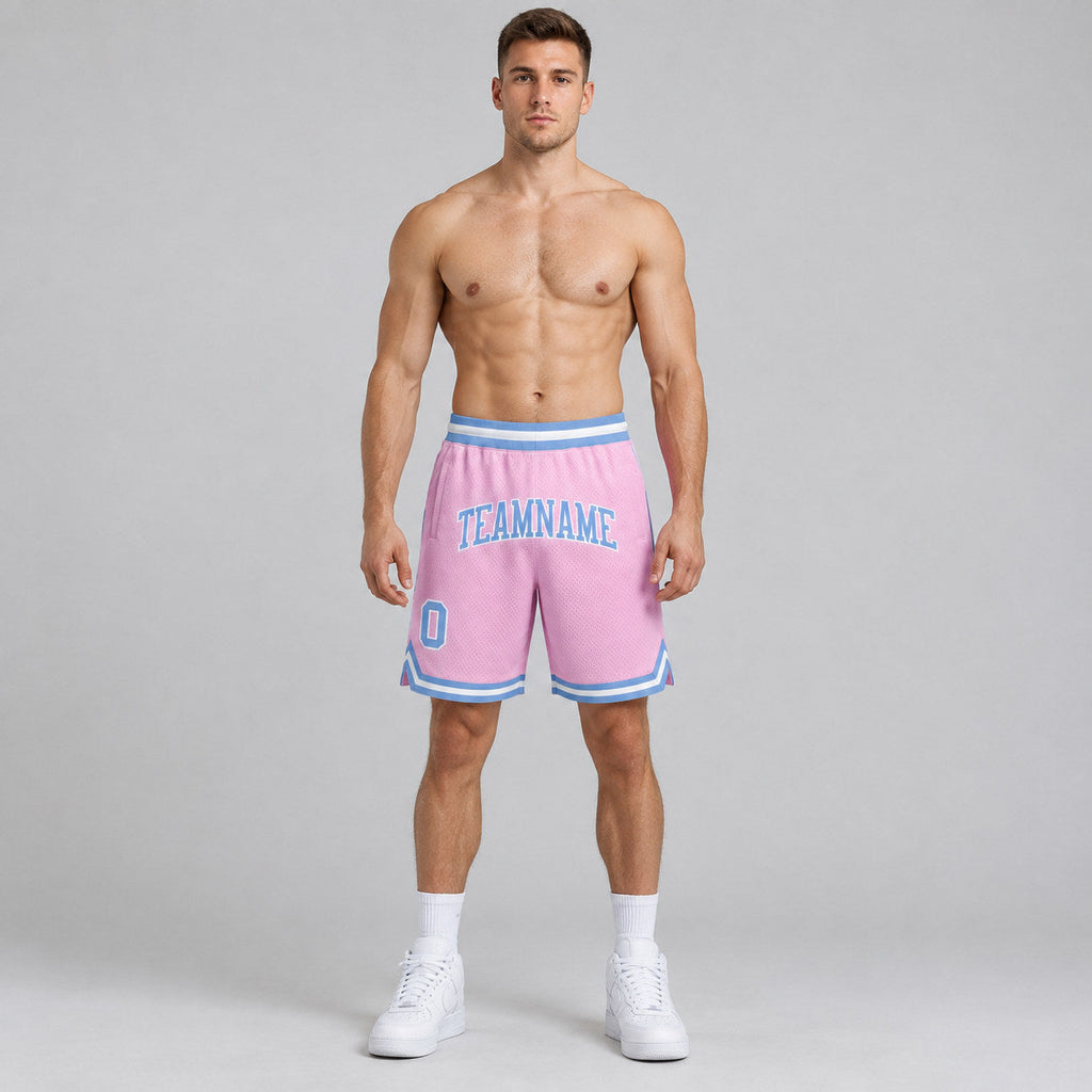 Custom Light Pink Authentic Throwback Basketball Shorts with Light Blue and White Lettering Design 0005 worn by male model