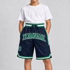 Custom Navy Authentic Throwback Basketball Shorts with Kelly Green and White Lettering youth size worn by child model