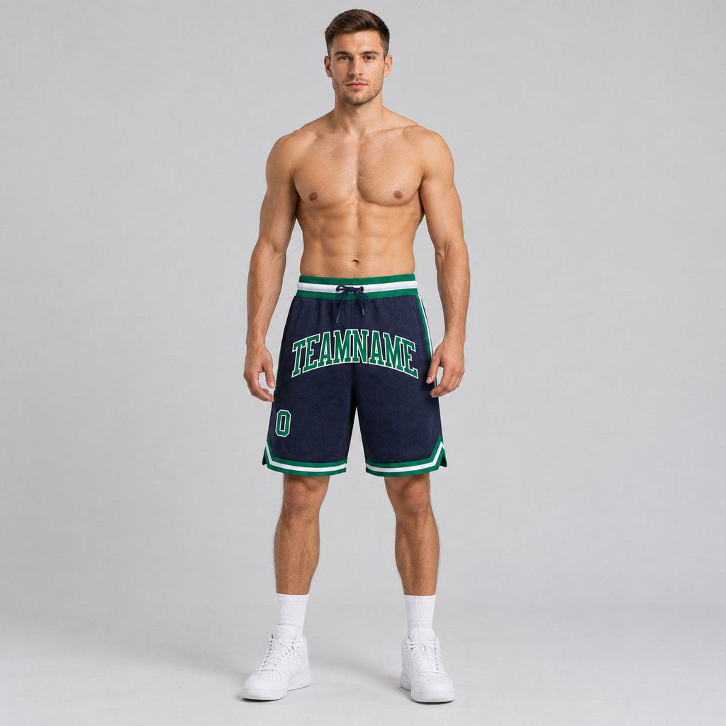 Custom Navy Authentic Throwback Basketball Shorts with Kelly Green and White Lettering worn by male model