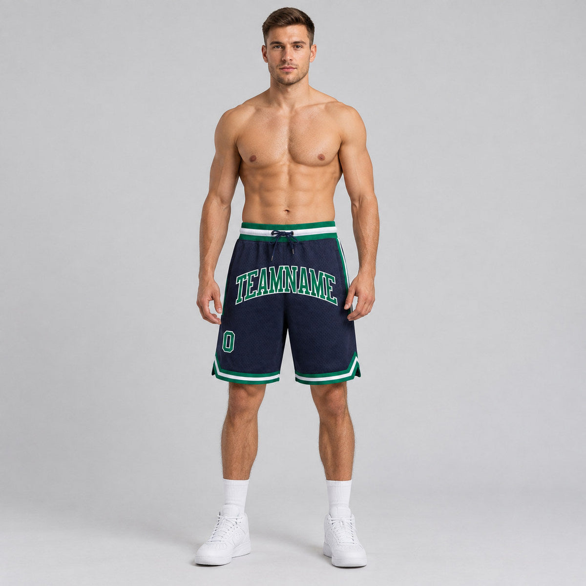 Custom Navy Authentic Throwback Basketball Shorts with Kelly Green and White Lettering worn by male model