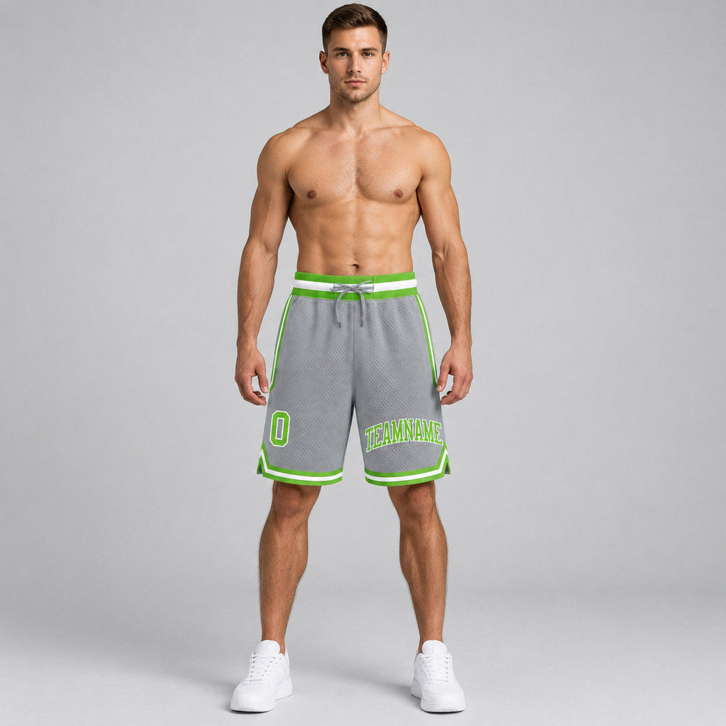 Custom Gray Authentic Throwback Basketball Shorts with Neon Green and White Lettering worn by male model
