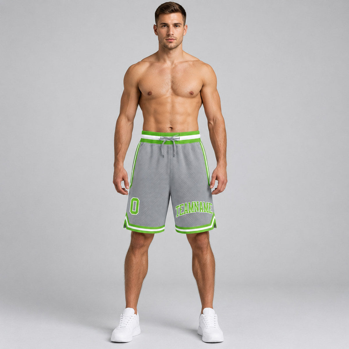 Custom Gray Authentic Throwback Basketball Shorts with Neon Green and White Lettering worn by male model