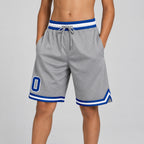 Custom Gray Authentic Throwback Basketball Shorts with Royal and White Lettering youth size worn by child model