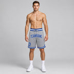 Custom Gray Authentic Throwback Basketball Shorts with Royal and White Lettering worn by male model