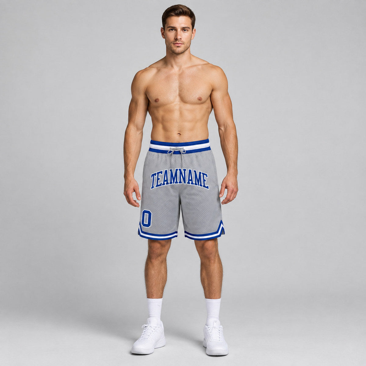 Custom Gray Authentic Throwback Basketball Shorts with Royal and White Lettering worn by male model