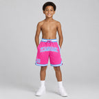 Custom Pink Authentic Throwback Basketball Shorts with Light Blue and White Lettering youth size worn by child model