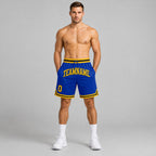 Custom Royal Authentic Throwback Basketball Shorts with Gold and Black Lettering worn by male model