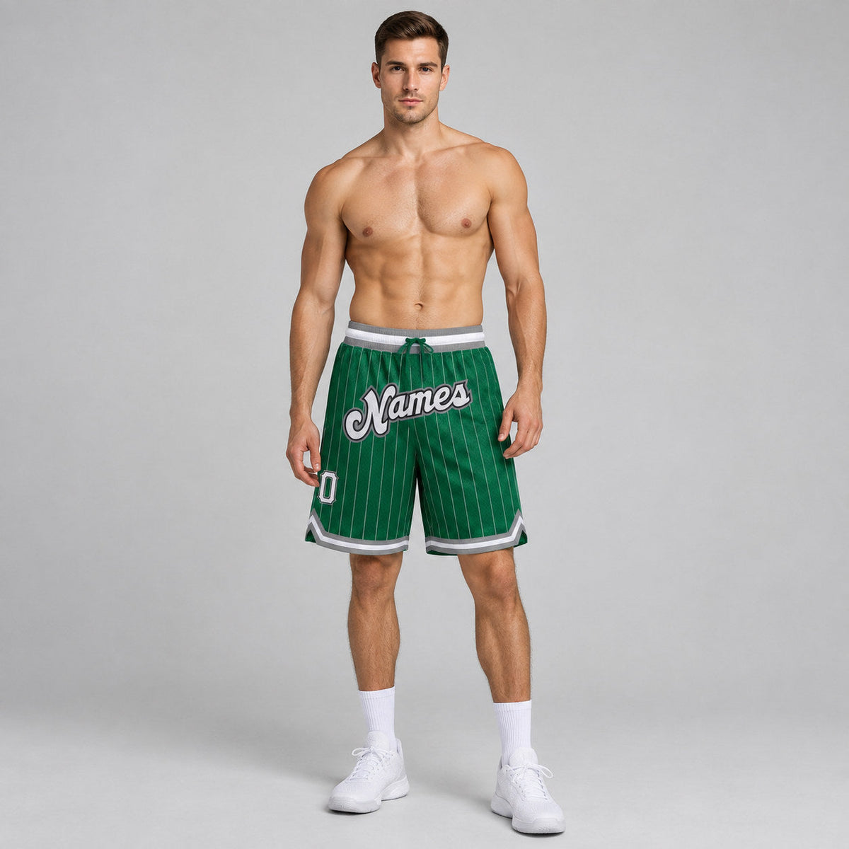 Custom Kelly Green and White Pinstripe Authentic Basketball Shorts with White and Gray Lettering worn by male model