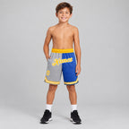 Custom Gray Authentic Throwback Basketball Shorts with Gold and Blue Lettering youth size worn by child model