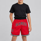 Custom Red Authentic Throwback Basketball Shorts with Black and White Lettering Design 0352 youth size worn by child model