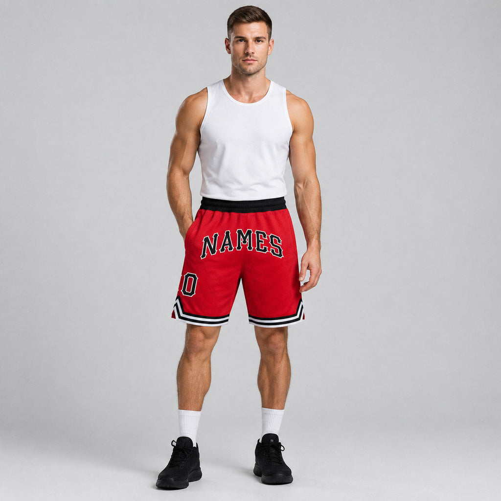 Custom Red Authentic Throwback Basketball Shorts with Black and White Lettering Design 0352 worn by male model