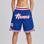 Custom Royal Authentic Throwback Basketball Shorts with White and Red Lettering youth size worn by child model