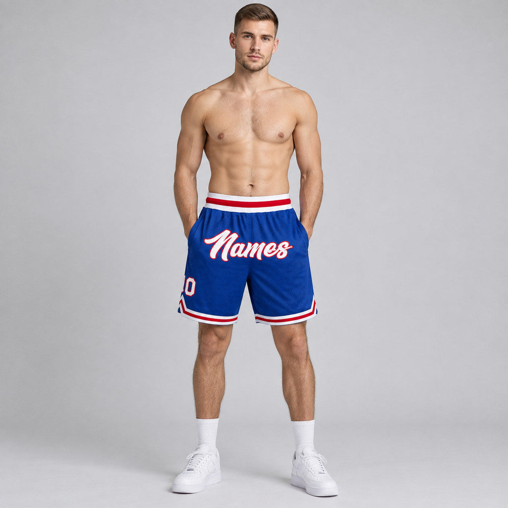 Custom Royal Authentic Throwback Basketball Shorts with White and Red Lettering worn by male model