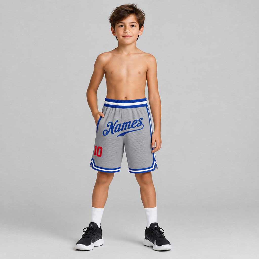 Custom Gray Authentic Throwback Basketball Shorts with Royal and Red Lettering youth size worn by child model