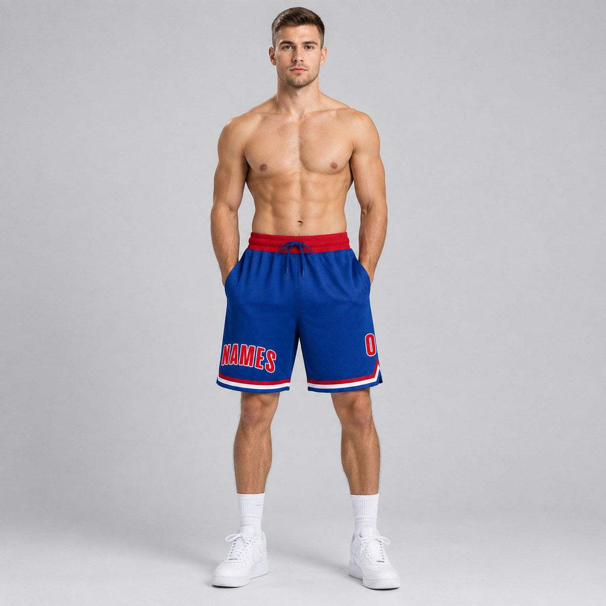 Custom Royal Authentic Throwback Basketball Shorts with Red and White Lettering Design 0251 worn by male model