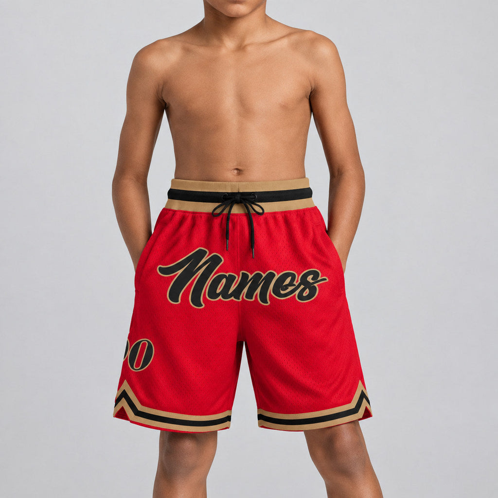 Custom Red Authentic Throwback Basketball Shorts with Black and Old Gold Lettering youth size worn by child model