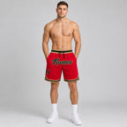 Custom Red Authentic Throwback Basketball Shorts with Black and Old Gold Lettering worn by male model