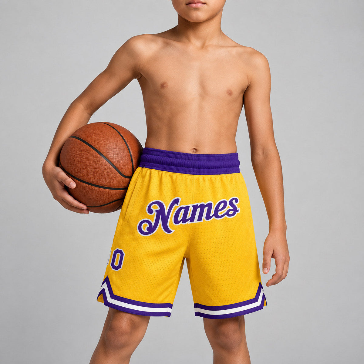 Custom Gold Authentic Throwback Basketball Shorts with Purple and White Lettering Design 0203 youth size worn by child model