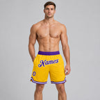 Custom Gold Authentic Throwback Basketball Shorts with Purple and White Lettering Design 0203 worn by male model