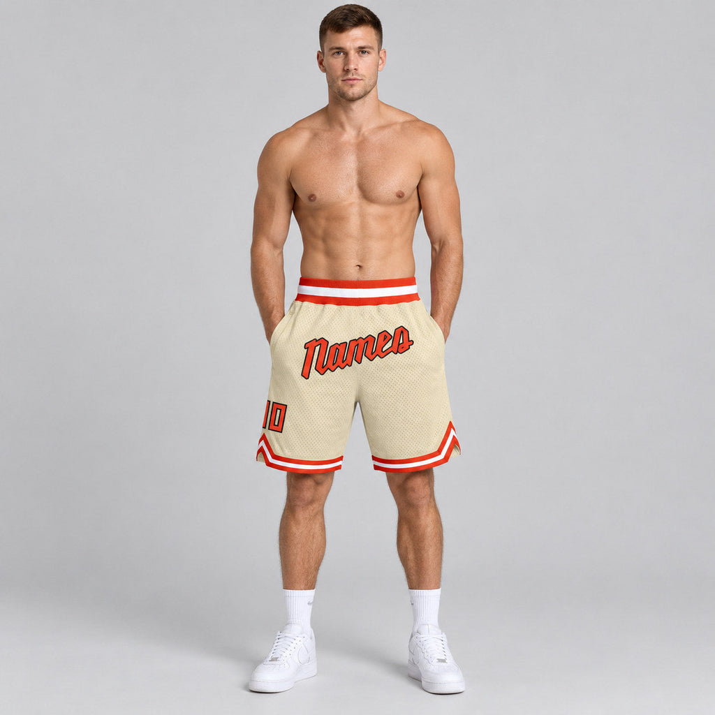 Custom Cream Authentic Throwback Basketball Shorts with Orange and White Lettering Design 0082 worn by male model
