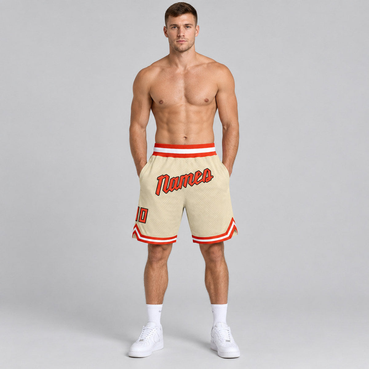 Custom Cream Authentic Throwback Basketball Shorts with Orange and White Lettering Design 0082 worn by male model