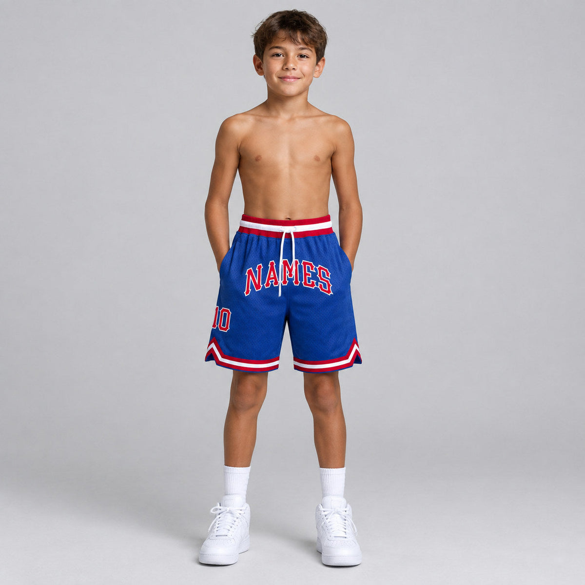 Custom Royal Authentic Throwback Basketball Shorts with Red and White Lettering Design 0099 youth size worn by child model