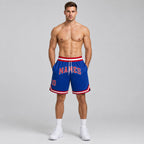 Custom Royal Authentic Throwback Basketball Shorts with Red and White Lettering Design 0099 worn by male model