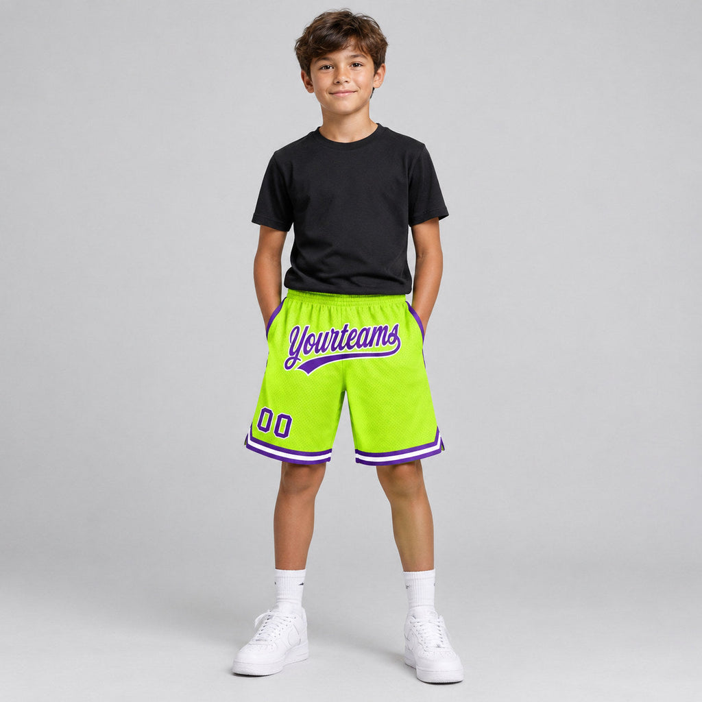 Custom Neon Green Authentic Throwback Basketball Shorts with Purple and White Lettering Design 0119 youth size worn by child model