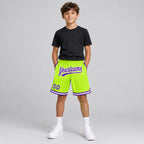 Custom Neon Green Authentic Throwback Basketball Shorts with Purple and White Lettering Design 0119 youth size worn by child model