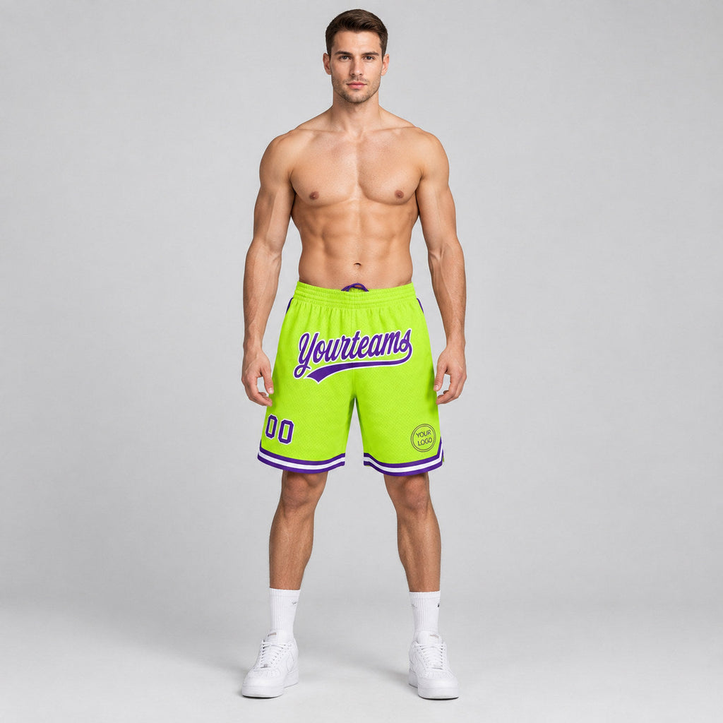 Custom Neon Green Authentic Throwback Basketball Shorts with Purple and White Lettering Design 0119 worn by male model