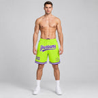 Custom Neon Green Authentic Throwback Basketball Shorts with Purple and White Lettering Design 0119 worn by male model